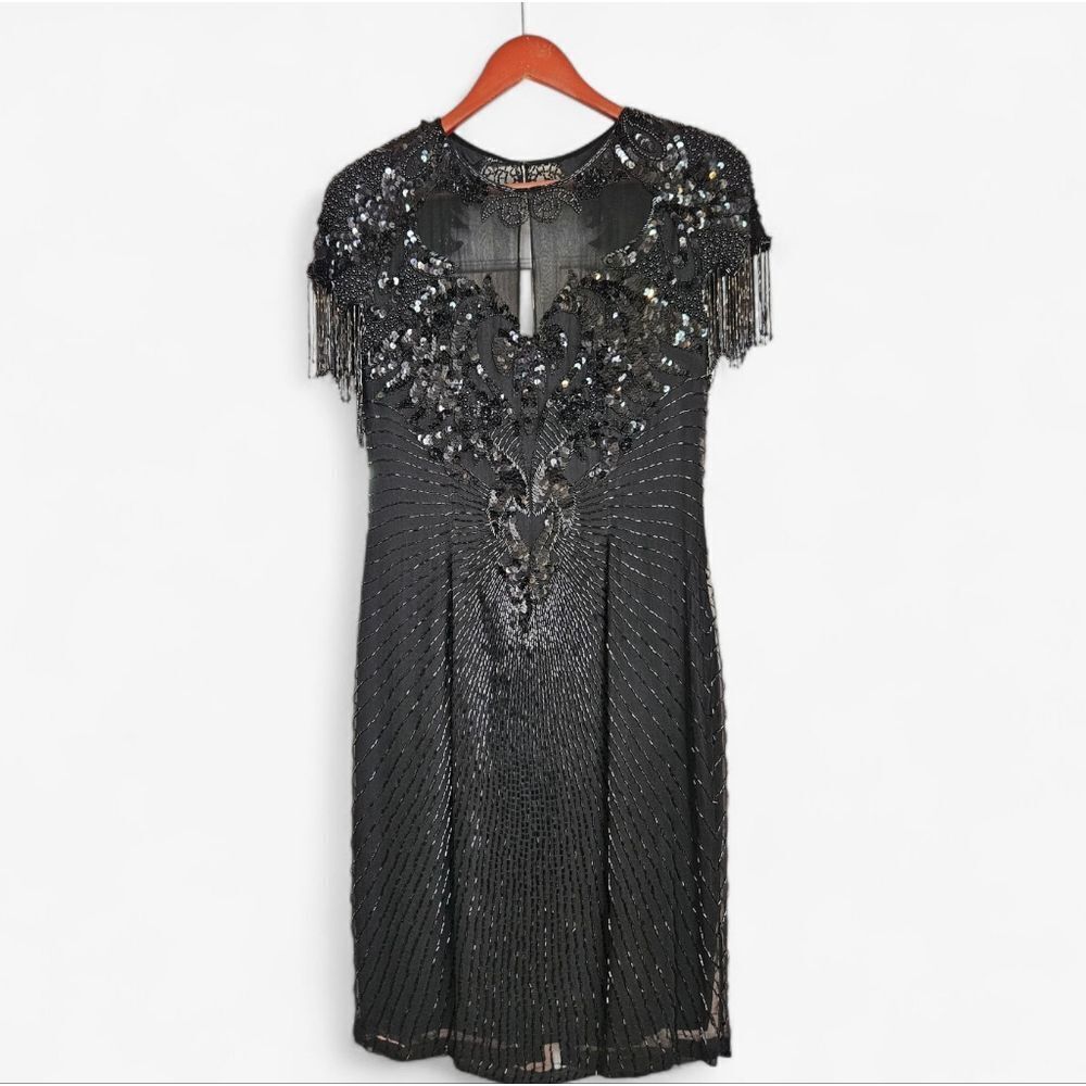 Vintage Cache 100% Silk Black Beaded Art Deco Wiggle '50s Style Flapper Dress 8